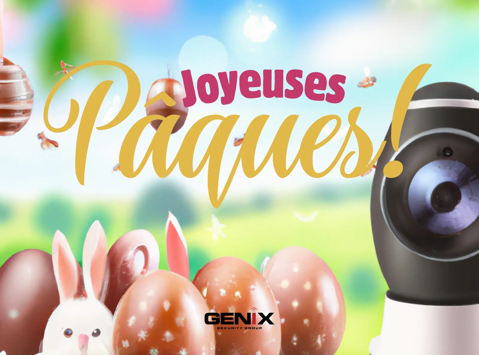 Caméra de sécurité et œufs de Pâques en chocolat avec lapins et décor festif – Genix Security Group SA