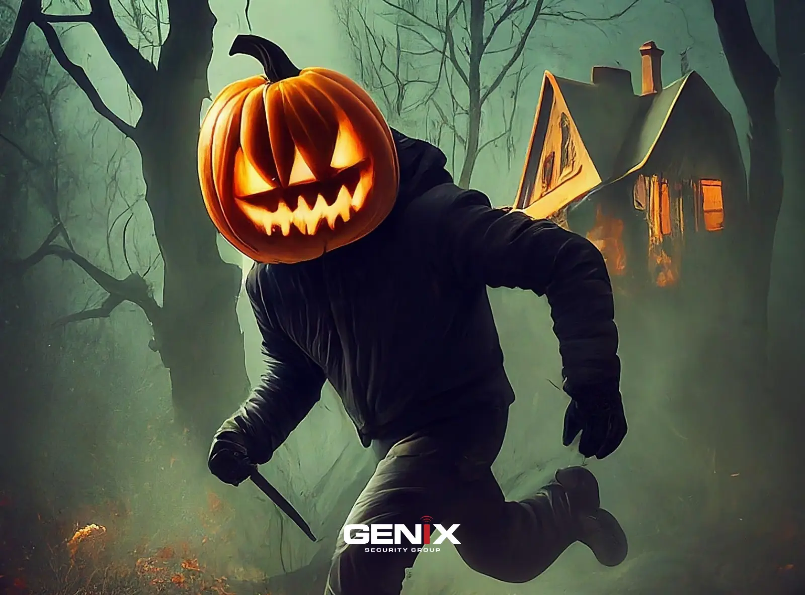 Personne déguisée en voleur avec une citrouille sur la tête devant une maison éclairée dans une forêt sombre – illustration Halloween.