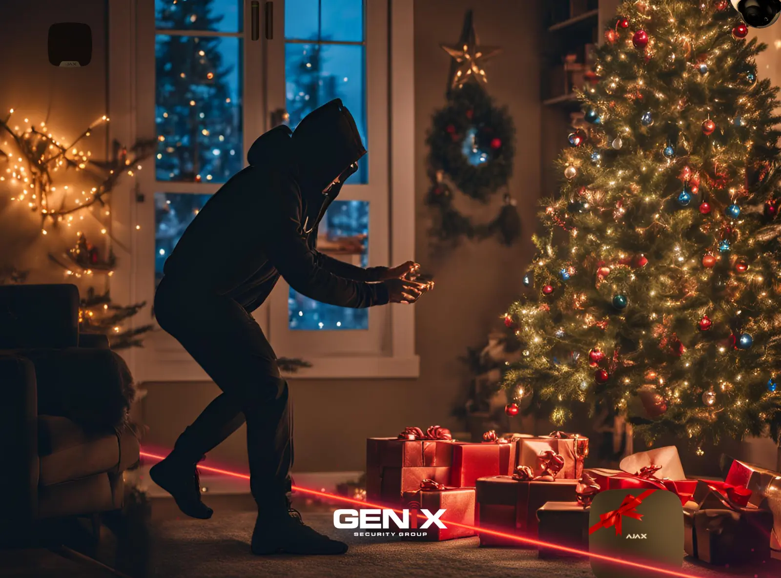 Un cambrioleur tente de dérober des cadeaux sous un sapin de Noël, repéré par un système d’alarme Ajax à détection laser.