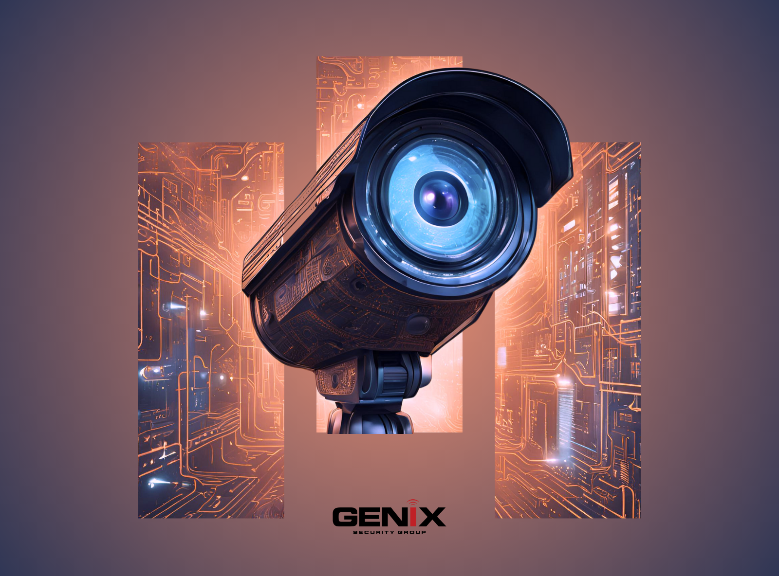 Caméra de sécurité futuriste illustrant l’intégration de l’intelligence artificielle dans la vidéosurveillance moderne.