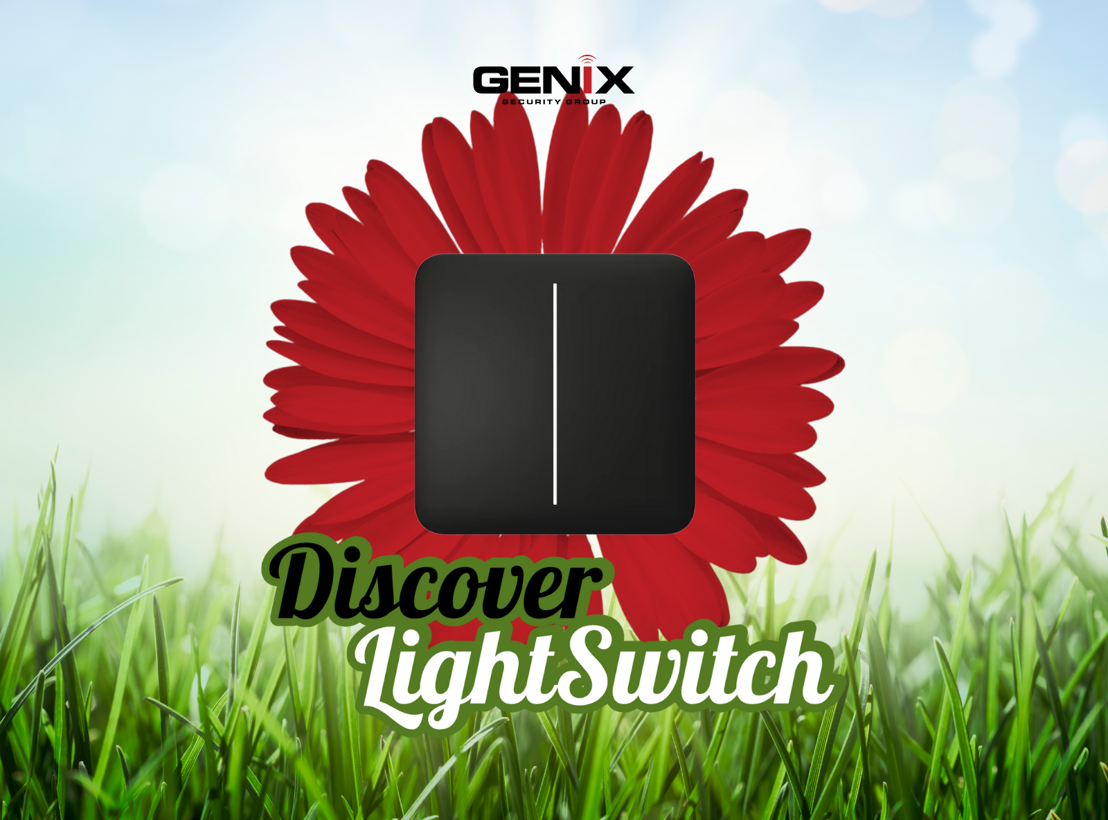 Interrupteur intelligent LightSwitch d'Ajax Systems sur fond printanier avec logo Genix Security Group SA.