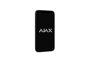Smartphone noir affichant le logo Ajax Systems sur un fond sombre.