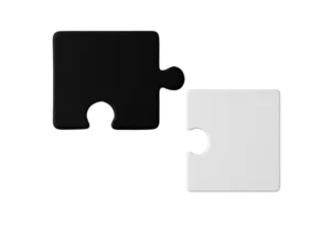 Deux pièces de puzzle noir et blanc qui s'emboîtent parfaitement, symbolisant l'intégration ou la complémentarité.