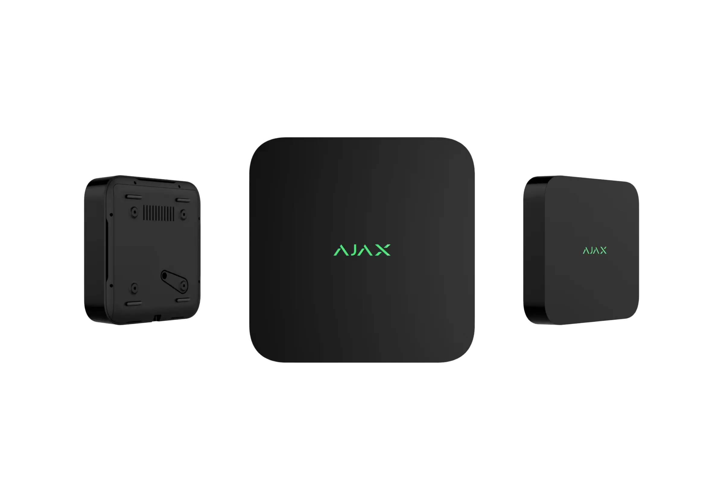 Enregistreur vidéo Ajax Systems noir - Vue de face, de côté et de dos.