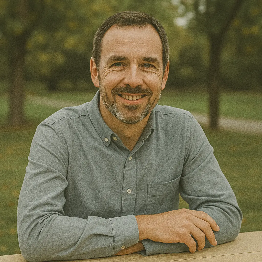 Homme souriant assis à une table dans un parc arboré, ambiance détendue et conviviale.