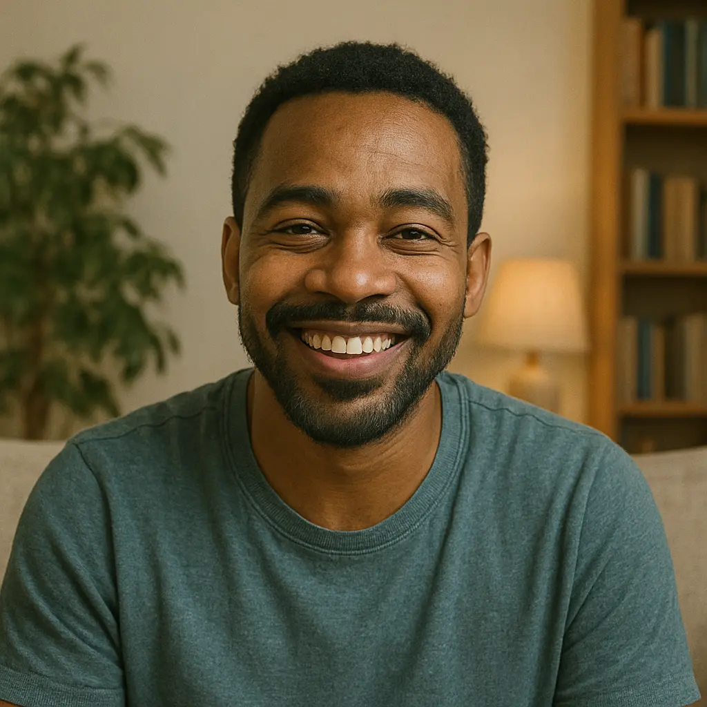 Portrait d'un homme souriant en intérieur, ambiance chaleureuse avec étagère et lampe en arrière-plan.