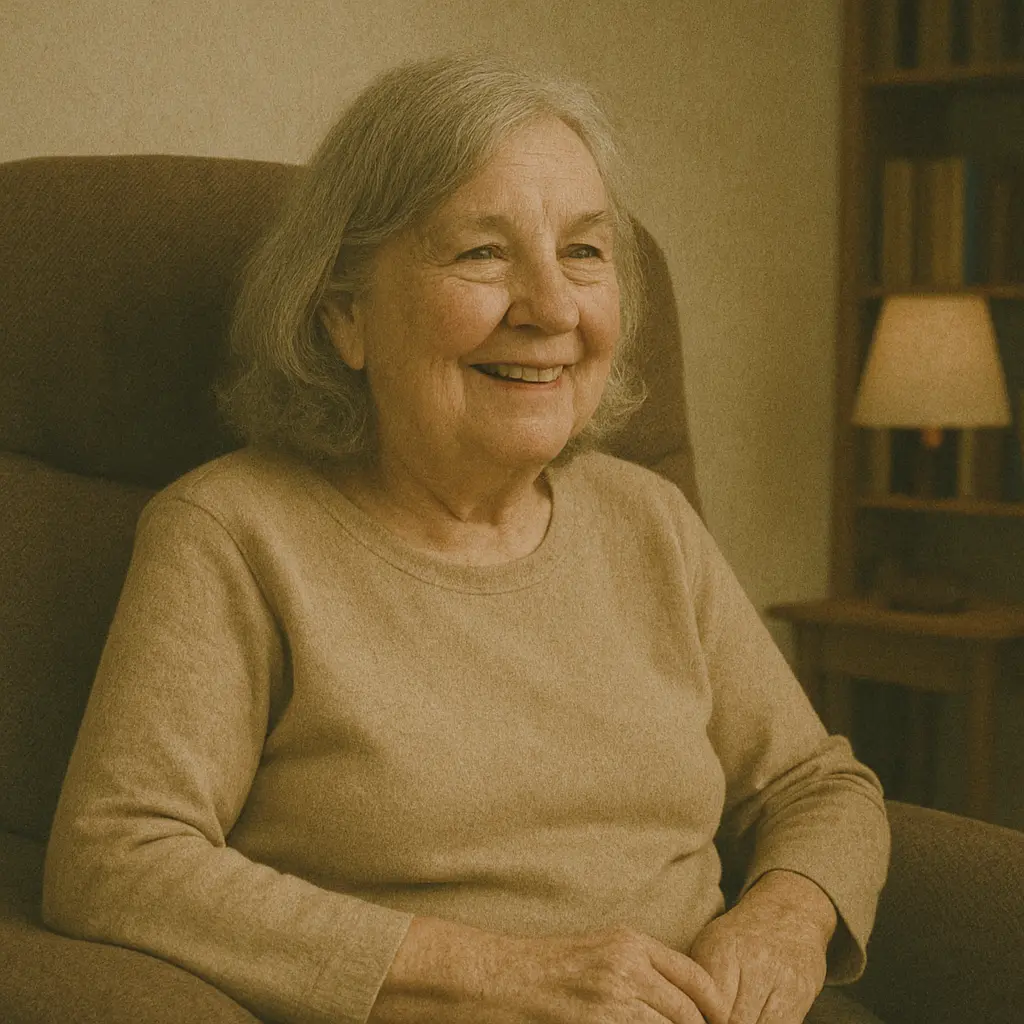 Portrait d'une femme âgée souriante assise dans un fauteuil, ambiance chaleureuse avec lampe et bibliothèque en arrière-plan.