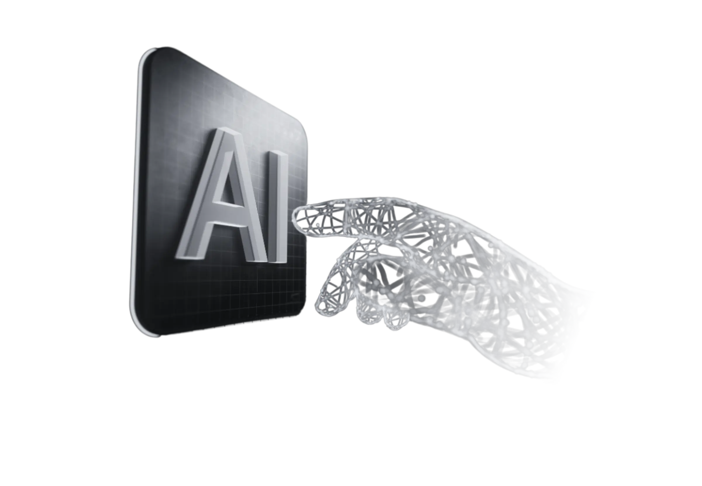 Main numérique stylisée pointant vers une icône représentant l'intelligence artificielle (IA).