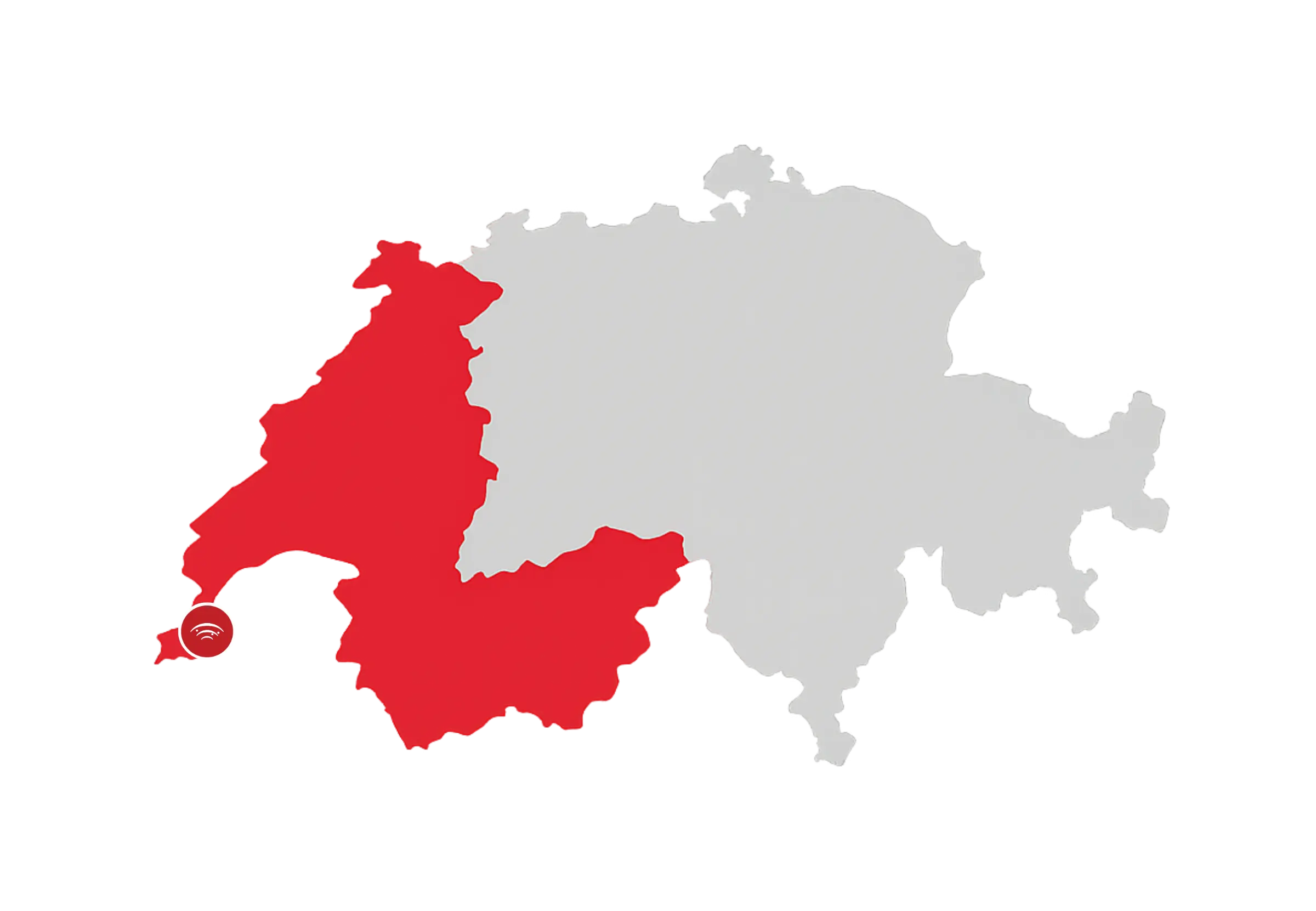 Carte de la Suisse avec la Suisse romande en rouge et un pictogramme de Genix Security Group SA indiquant son siège à Genève